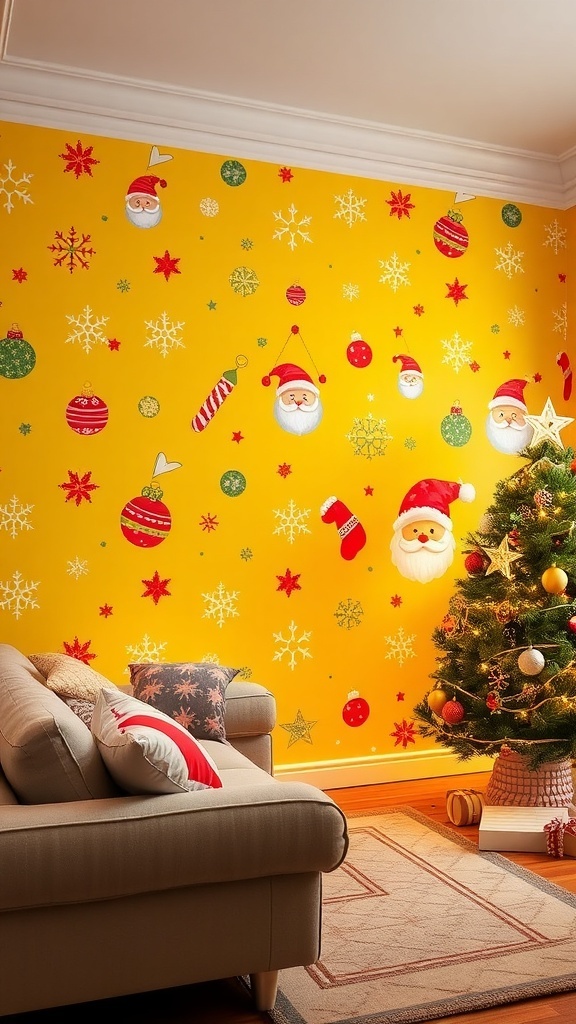 Bright yellow Christmas wallpaper with snowflakes and ornaments in a festive living room.